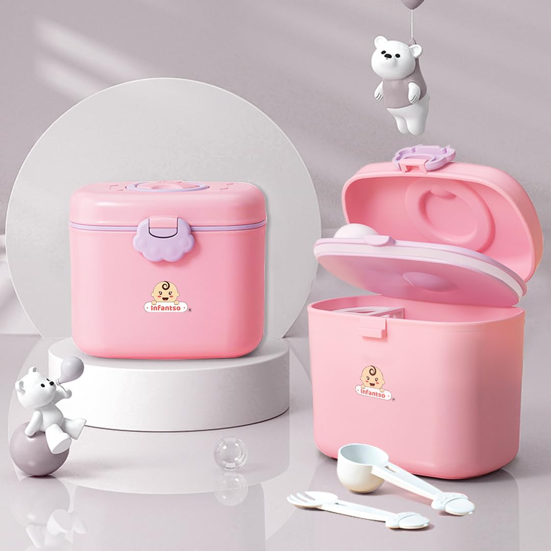 Infantso FEED EASE (2-in-1) Baby Milk Powder & Food Container | BPA-Free, Leak-Proof Bear Box, Travel-Friendly with Spoon & Fork, Baby Essential Food Storage Box, Snack Box, Baby Milk Powder Box-360gm