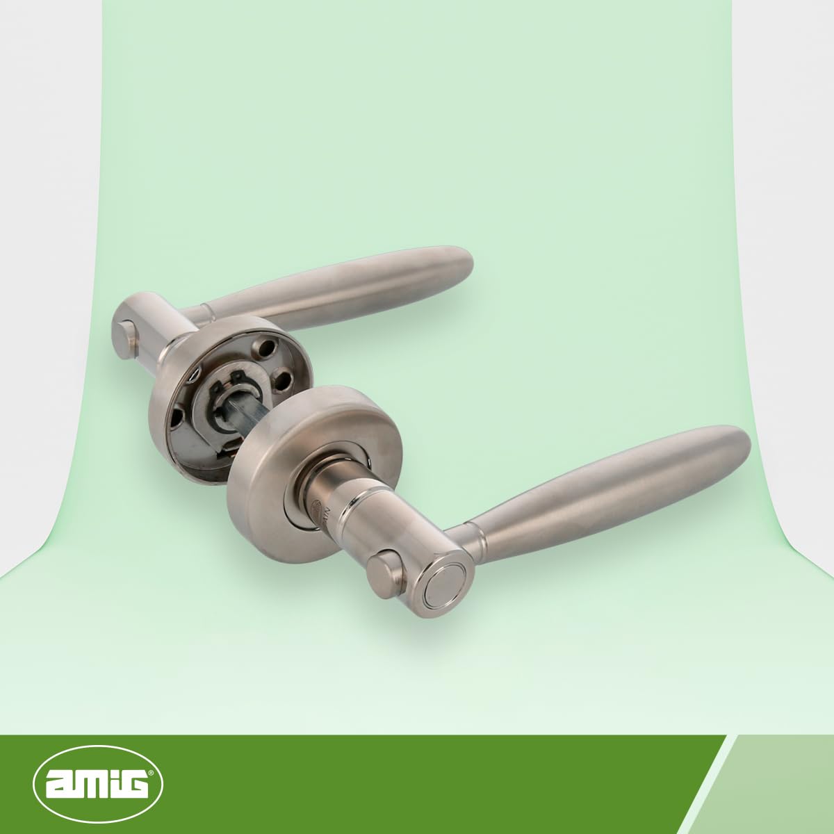 Amig - Juego de Manillas con Roseta de Acero Inoxidable, 18/8, Modelo 22R, Medida: 53 mm de diámetro, Cuadradillo de 8 mm, Con llave Allen, Incluye tornillo pasante antirrobo, Acabado: Mate