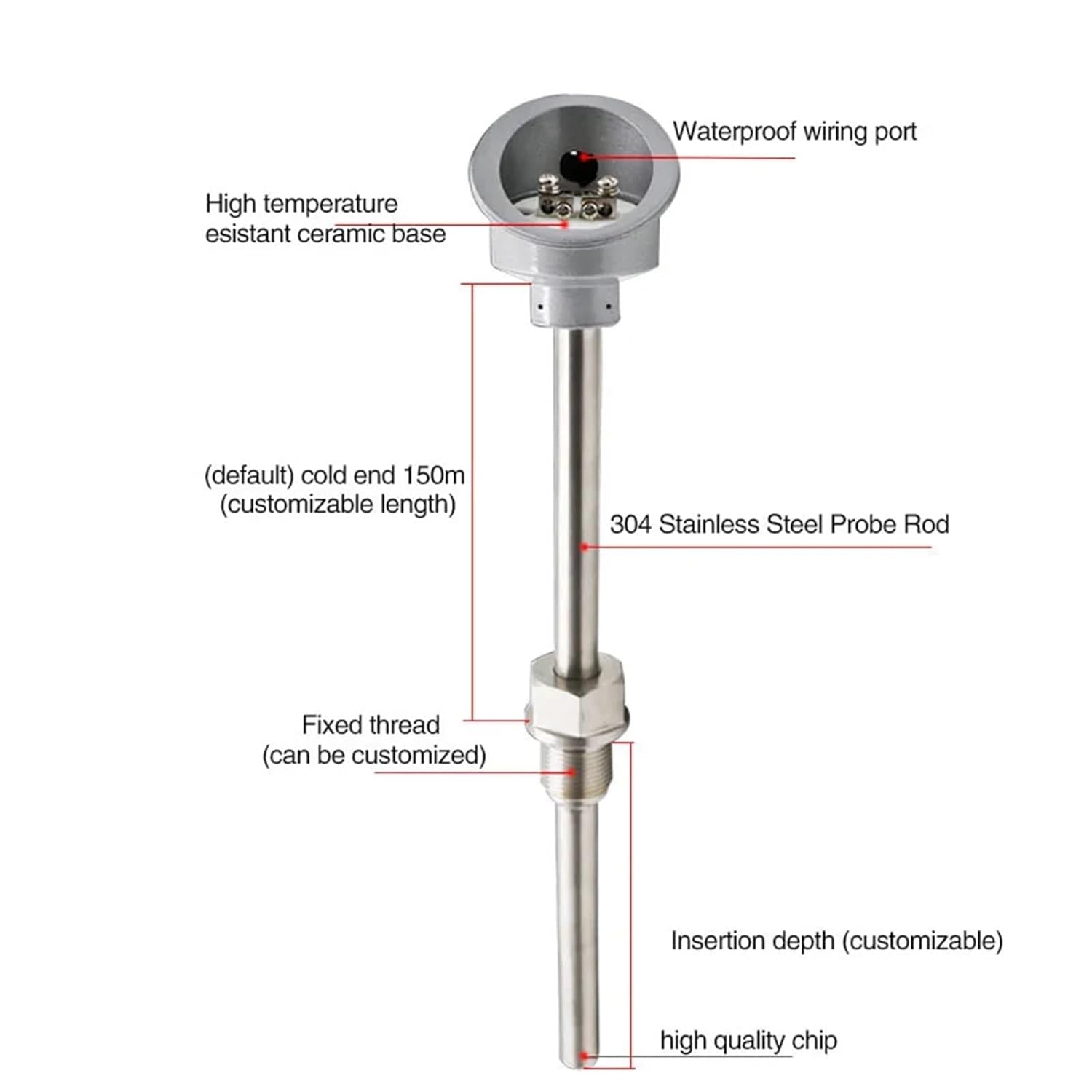 PT100 Type Temperature Sensor WRN-130/230 Probe Transmitter Stainless Steel Thermocouple 1Pcs(WZP-230 400mm)