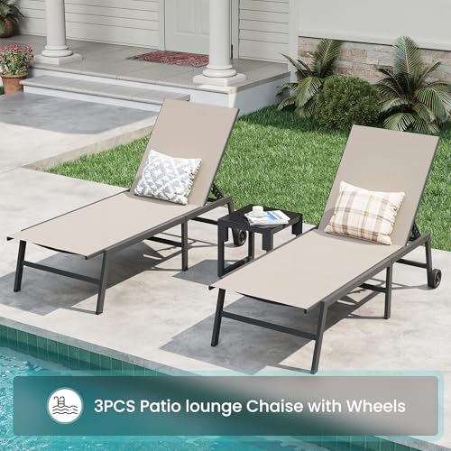 Image of Amopatio Patio Lounge Chairs Outdoor Chaise Lounges Set of 2 | Movable Pool Chairs with Wheels &Side Table Weather Resistant 5-Position Adjustable Backrest 400 LBS Capacity;Khaki