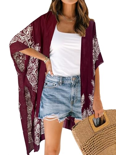 Image of Spicy Sandia Kimonos for Women Floral Beach Cover Up Loose Swimsuit Bathing Suit Coverup Cardigan for Summer Swimwear