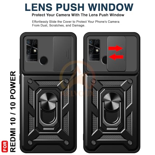 Image of Armor Bumper Back Cover Case for REDMI 10 /10 Power Rotating Camera Cover, Ring Holder & Kickstand | Heavy Duty & 360 Degree Protection REDMI 10 /10 Power Back Cover (Black)