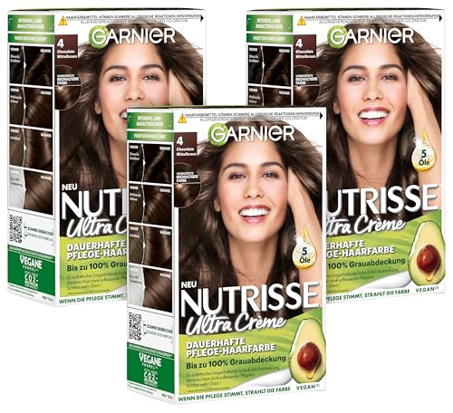 Garnier Nutrisse Dauerhafte Pflege-Haarfarbe mit nährenden Fruchtölen, Coloration mit 8 Wochen Halt, Ultra Crème Tönung, 040 Chocolate, 3er Pack
