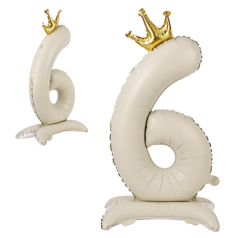 APXEL Off-white Standing Crown Number 6 Balloons, 42 Inch Large Foil Number 6 Balloons, Self Inflating 6th Birthday Balloon for 6 Year Anniversary Birthday Party Christmas Decorations