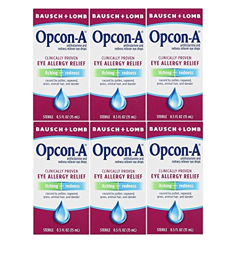 Bausch and Lomb Opcon-A Eye Allergy Relief Drops, Travel Size 0.5 FL OZ (15 ml) - Pack of 6