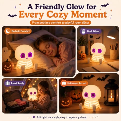 MTSIXBS Halloween Skull Night Light, Soft Squeeze Silicone Skeleton Lamp 7 Color Changing, USB Rechargeable Brightness Adjustment Helloween Room Summerween Party Decor Decorations - Image 7