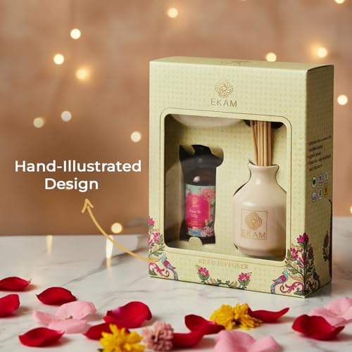 Image of EKAM Reed Diffuser Set 50ml | Rose & Lily Aroma Diffuser with 8 Reed Sticks | Long-Lasting, Smoke-Free Room Freshener | Stress Relief & Aromatherapy | Ideal for Festivals, Home Decor,Office & Gifting