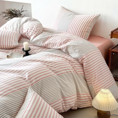 Bettwäsche 135x200 Baumwolle Rosa Grau Gestreift und Kissenbezug 80x80cm – Ansicht 2