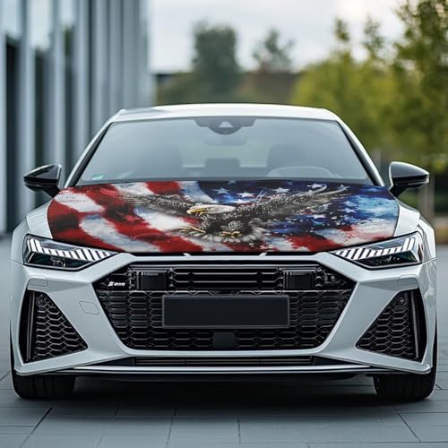 Image of Bald Eagle American Flag Car Hood Cover Protector for SUV Sedans Trucks 59x39 Inch Stretchable Car Hood Wrap Blankets Waterproof Sun Proof Auto Patriotic Decorations