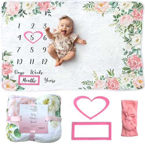 Image of The Modern Child Baby Milestone Blanket - Super Soft Fleece Monthly Milestone Blanket for Baby Girl/Boy - Perfect for Baby's First Year - Monthly Baby Milestone - Pink Flowers - Large 60"x40"