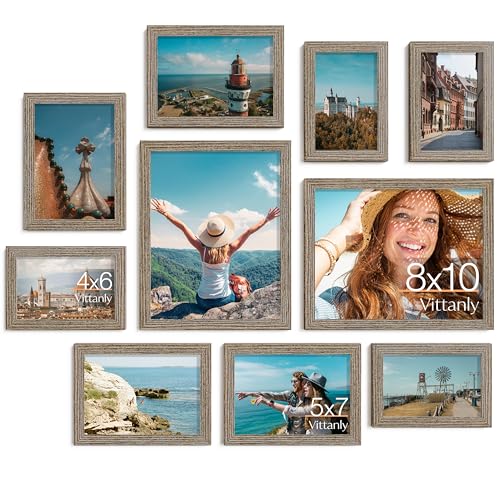 Image of Vittanly Picture Frames Set of 10, Picture Frames Collage Wall Decor with Two 8x10, Four 5x7 and Four 4x6 Photo Frames, Gallery Wall Frame Set for Wall or Tabletop Display, Grayish Brown