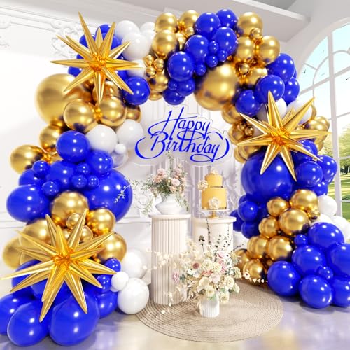 PityBlns Royal Blue and Gold Balloon Arch Kit 142pcs with Star Different Size Navy Blue White and Gold Balloons Garland Kit for Birthday 2026 Graduation Engagements Fathers Day New Year Party Decor