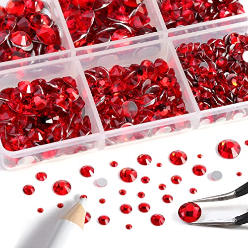 Beadsland 8300pcs Flat Back Rhinestones Light Red Rhinestones Round Crystal Rhinestones for Crafts 10 Sizes Mixed with Wax Pencil and Tweezers Kit, SS3-SS30, Light siam