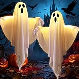 2 Stück Halloween Deko Outdoor,Halloween LED Geister Deko,Garten Windsäcke Geist,Hanging Lighted Glowing Ghost,Outdoor Windsäcke,für Party Terrasse Garten Veranda Patio Rasen Vorgarten