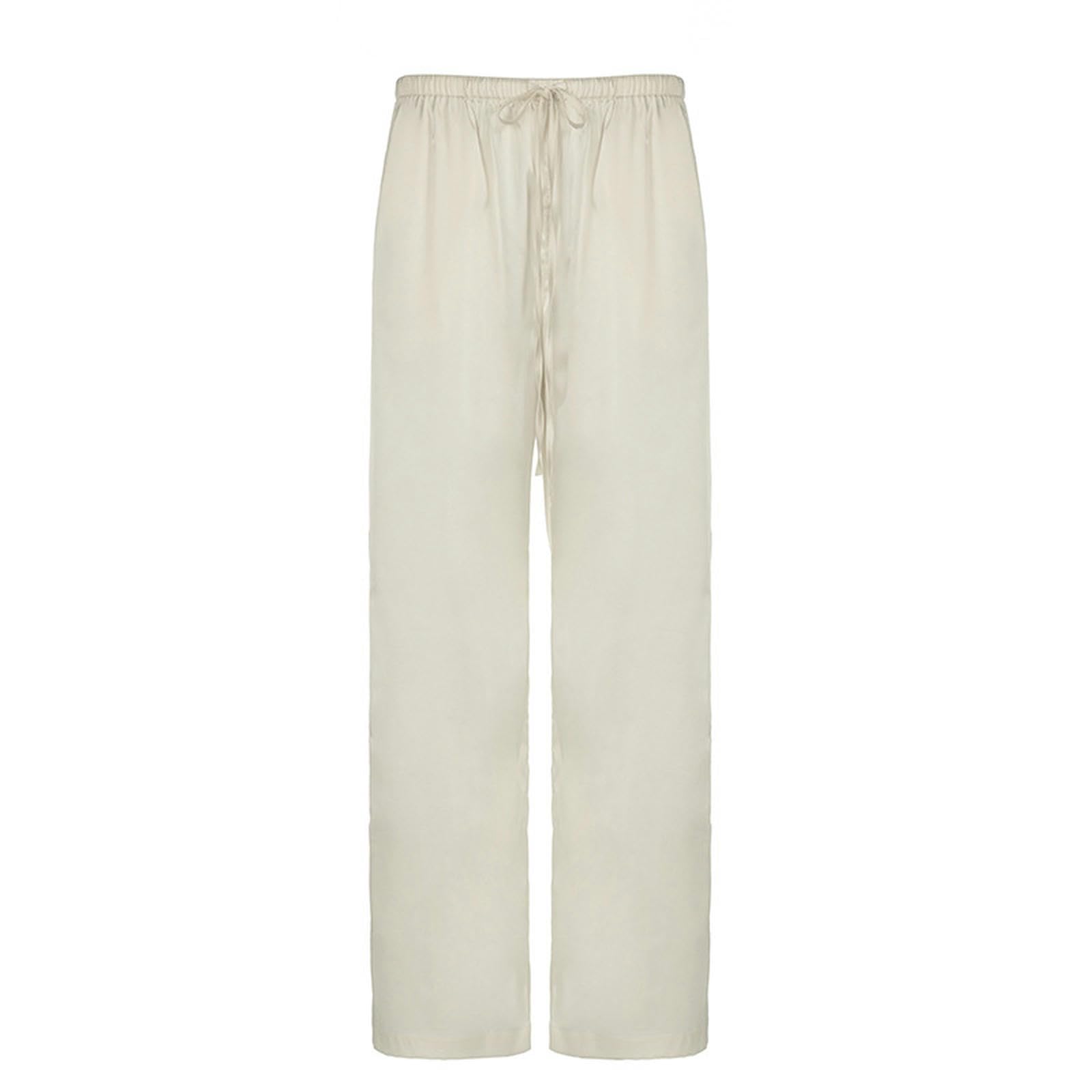 Pantaloni Street Style Americani in Maglia Leggera e Morbida Pantaloni Dritti Basic a Vita Bassa con Coulisse-Bianco Sporco-M