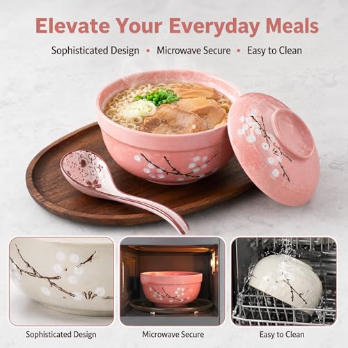 Image of Goaste 2 Pack Ceramic Ramen Noodle Bowl, 27 OZ Big Ramen Bowl with Lid, Japanese Hand-Painted Ceramic Tableware, Durable Floral Soup Bowl for Noodles, Porridge, Rice, Dishwasher Safe(Pink, Cyan Blue)