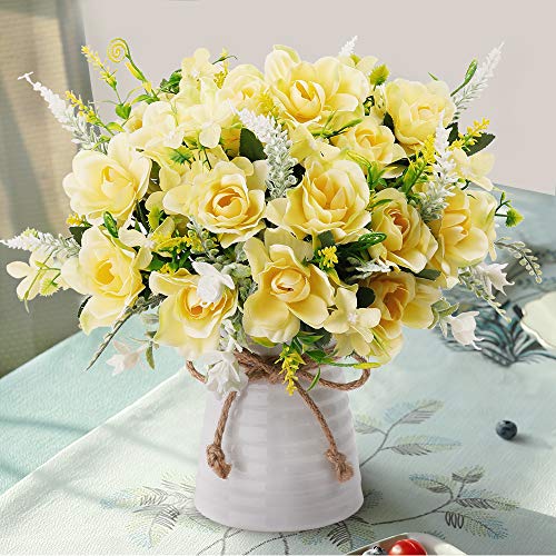 LESING Artificial Flowers with Vase Fake Silk Flowers in Vase Gardenia Flowers Decoration for Home Table Office Party (Champagne)