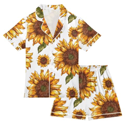 ALAZA Style Sunflower Pajamas Satin Pajama Set Short Sleeve Button Down Sleepwear