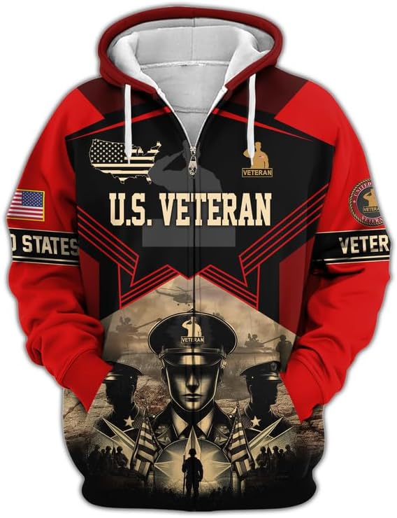 Veterans Hoodies For Men - Premium Military Hoodie, Patriotic Hoodies For Dad, Zip Up Hoodie For Vets, Veteran Day Gifts