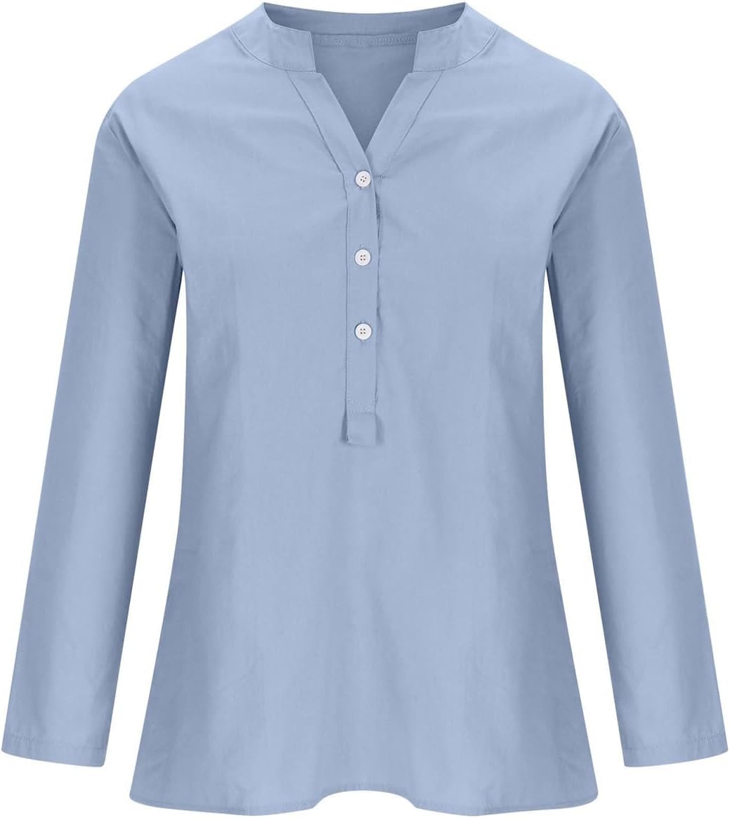 Women Linen Button Down Shirts Casual V Neck Long Sleeve Pullover Tunic Tops 2024 Summer Spring Vacation Plus Size