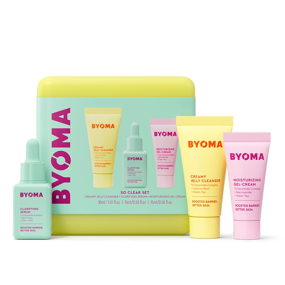BYOMASo Clear Set - Barrier Repair Skincare Set for Acne Prone Skin - Creamy Jelly Cleanser, Clarifying Face Serum & & Gel-Cream Moisturizer - Unclogs Pores, Targets Blemishes - 30ml, 15ml, 15ml