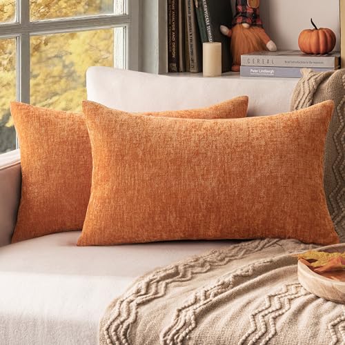EMEMA Pillow Cover 12x20 Inch Pack of 2 Couch Pillow Covers Decorative Soft Chenille Lumbar Throw Pillow Covers Modern Solid Dyed Pillowcases for Bedroom Caramel(Only Covers)