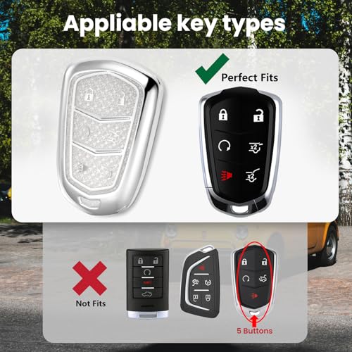Image of for Cadillac Key Fob Cover with Fashionable Zirconia Wristlet KeyChain, Enchanting Diamond Patterns Soft Case for Escalade ATS XT4 /5 /6 XTS SRX STS (White, A2)