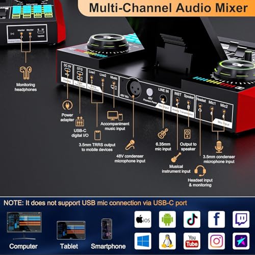 Image of Podcast Equipment Bundle Audio Mixer with Studio Condenser Microphone, Live Sound Card Audio Mixer Interface, Sound Board, Sound Card with Voice Changer Denoise for PC Recording Gaming Podcasting
