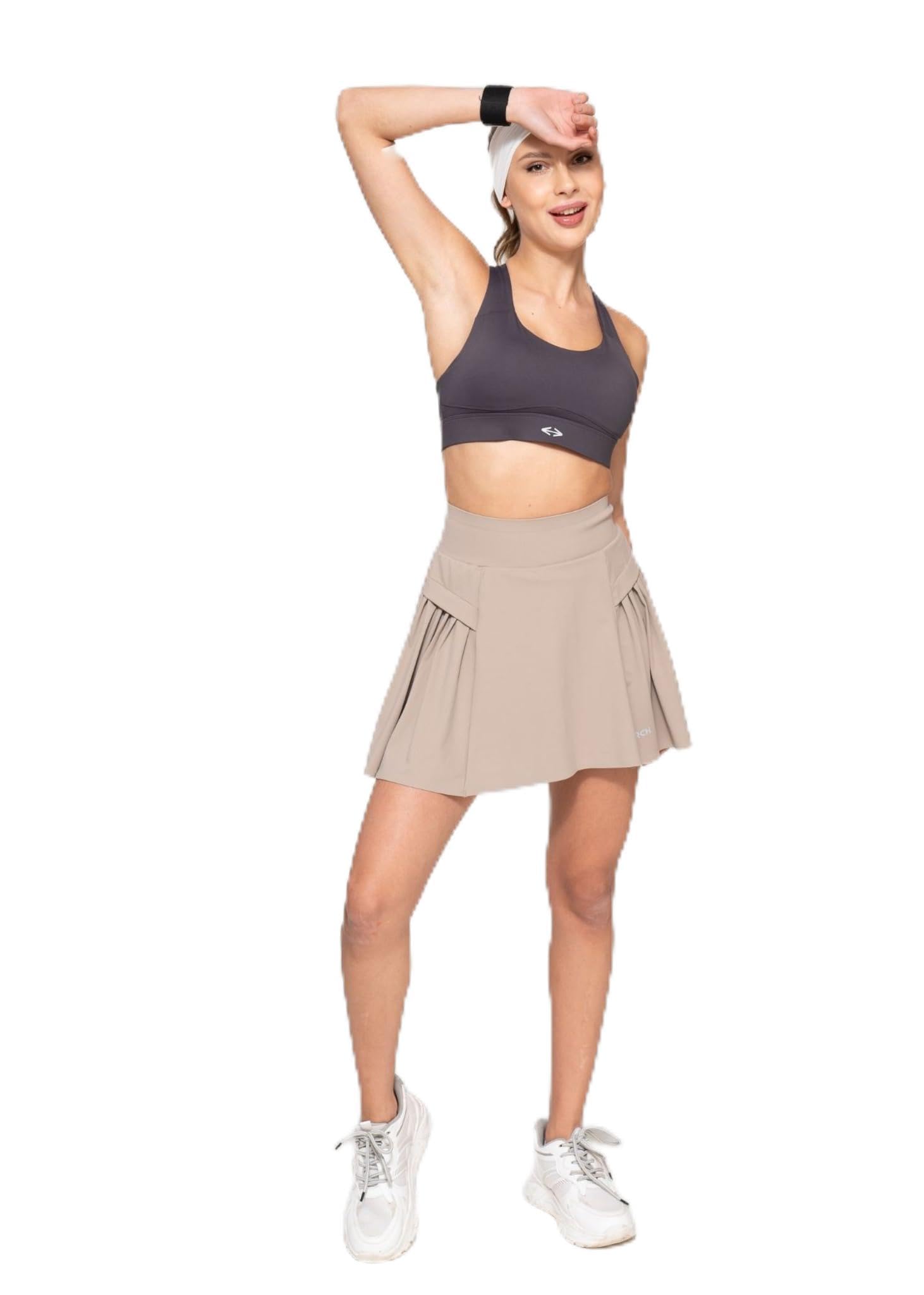 Women's Tennis Skort | High Rise Pleated Activewear Skirt with Inner Shorts | Flare Fit Sports Skort for Tennis, Golf, Running & Training | UV Protection | Black-image-1