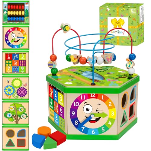 Image of Wooden Activity Cube for 1 Year old, 12-18 Month Boys & Girls, 7-in-1 STEM Montessori Early Developmental Learning Toys for Kids Aged 1-2, Ideal 1st Birthday Gift Toys for Baby, Toddlers (Green)