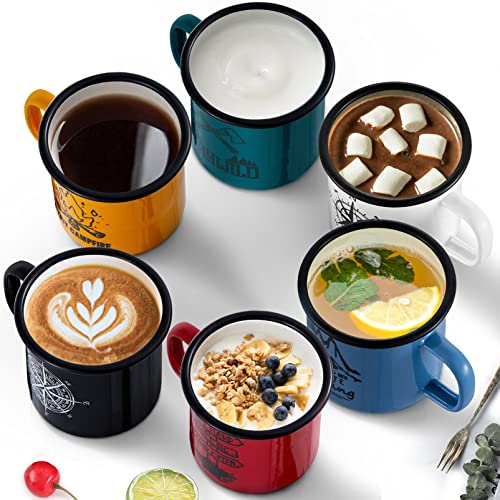 Teamfar 16 Oz Coffee Mug, Multi Colors Enamel Tea Mug Set Of 6, Camp Drinking Cups With Patterns For Milk Tea Beer, Non-Toxic & Portable, Lightweight & Durable, Wide Handle & Smooth Rim, Easy Clean #TOP3