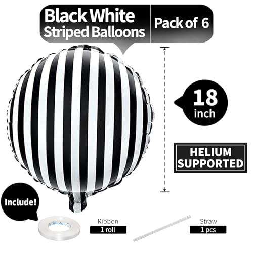 Image of Black and White Striped Balloons 18 Inch Striped Mylar Foil Balloons Round Halloween Aluminum Helium Balloon for Halloween Birthday Baby Shower Party Decorations