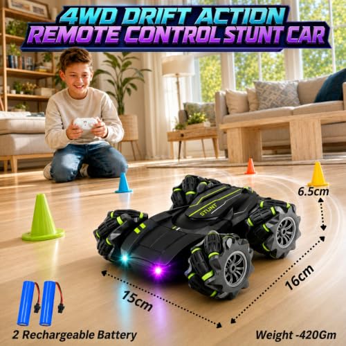 Image of GRAPHENE 4X4 Remote Control Drift Stunt Car 4WD Racing Fall Resistant RC Car 360 Rotating Dual Sided Climbing High-Speed Tumbling Battle Off Road Rechargeable with 2 Extra Batteries Adults Boy Girl