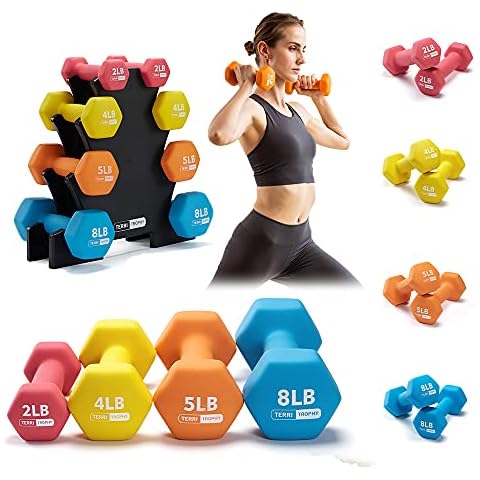 TerriTrophy 4 Tiers 38Lbs Weights Dumbbells Sets with Rack, Pairs 2/4/5/8Lbs Neoprene Coated Dumbbell Set Stand,Free for Home Gym For Woman Men Cover