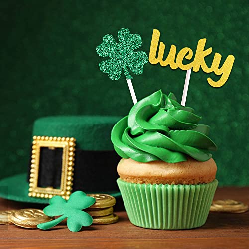 24 Pieces St Patricks Day Cupcake Toppers, Green Glitter Shamrock Four Leaf Clover Cake Picks Lucky Kiss Me Cake Food Decor Appetizers Toothpicks Irish Festival Baby Shower Birthday Party Decoration #TOP3