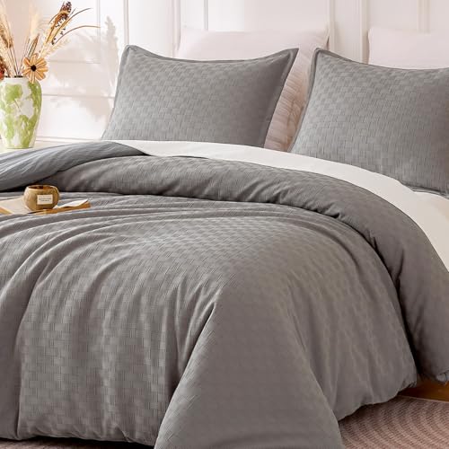 SLEEP ZONE Waffle Duvet Cover Set Queen Size, 3 Pieces Boho Bedding Set for All Season 1 Durable and Soft Jacquard Duvet Cover with 2 Pillow Shams, 90"x90", Dark Grey Grid - image 2