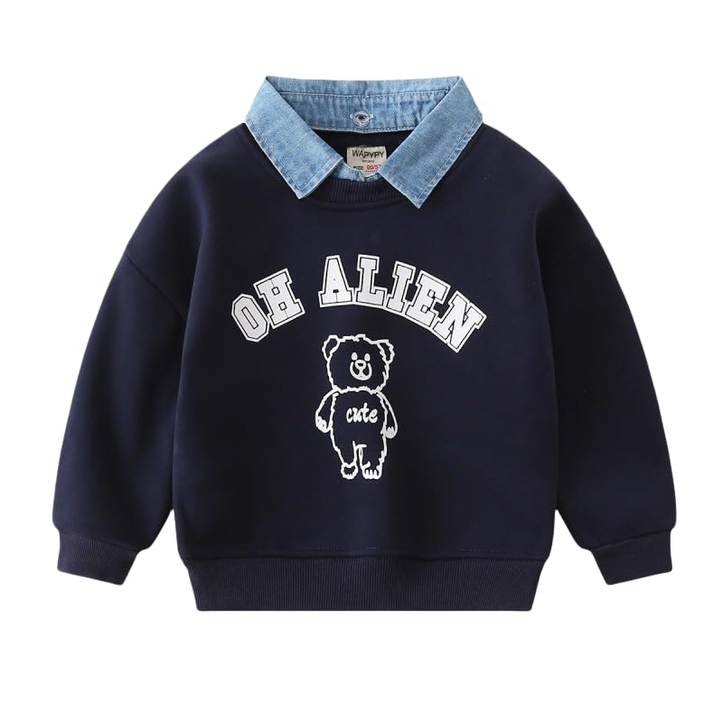 Irsutey Toddler Boys Letter Graphic Casual Long Sleeve Fake Two Pieces Autumn Sweatshirt with Detachable Collar