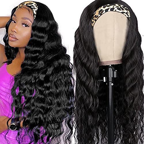 Headband Wig Human Hair Loose Deep Wave Wig 26 Inch Machine Made Human Hair Wig with Headband Attached for Black Women 150% Density Colorful Bird
