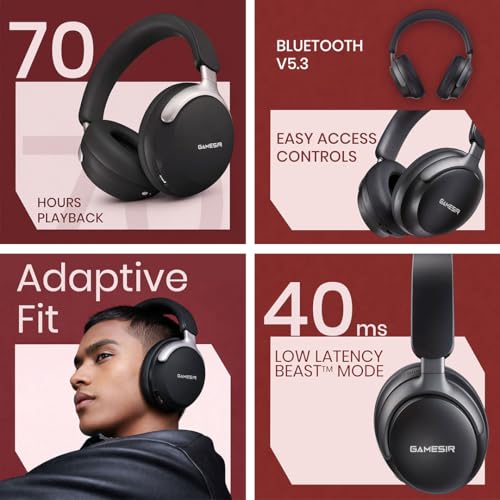 Image of GameSir Bass Wireless Headphones with 40mm Drivers, Deep Bass Stereo Sound, Bluetooth 5.3, Over-Ear Noise Isolation Headset with LED Light, Built-in Mic for PC, Mobile & Laptop (Black)