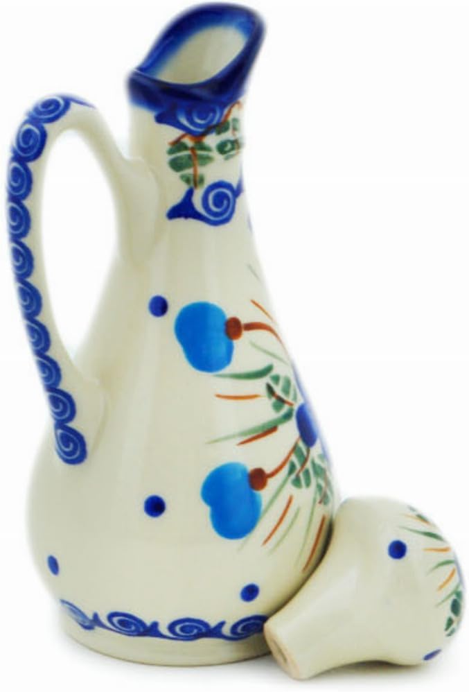 Polmedia Polish Pottery Bottle - Blue Pansy Pattern Handmade in Boleslawiec Poland by Ceramika Bona + Certificate of Authenticity