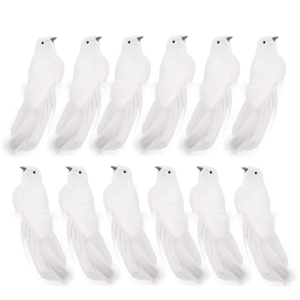 ZHDOKA 5.3in Christmas Dove Birds, 24 PCS Artificial White Feathered Birds Simulation Feather Long Tail Birds with Clips for Halloween Party Christmas Tree Ornament Decoration (White)