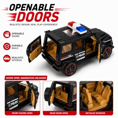 Image of 1:32 Scale G-Wagon Police Toy Car - Friction Powered ABS SUV with Openable Doors - Mini Collectible Police Vehicle for Kids, Boys & Enthusiasts (Black)
