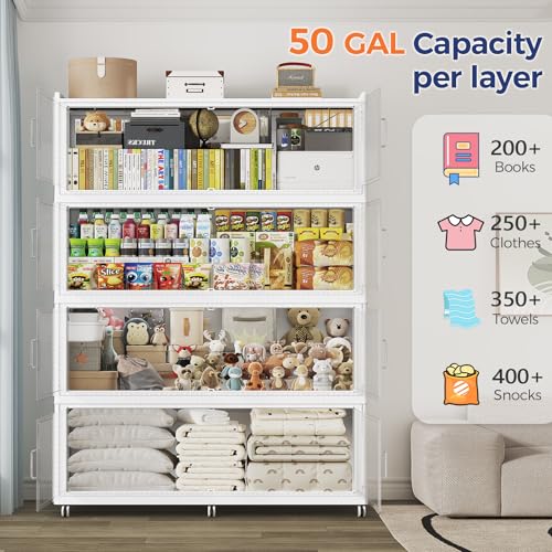 Image of 200 Gallon Extra Large Collapsible Storage Bin with Lid, 960QT Stackable Plastic Organizer with 6x Wheels, Foldable Drawer Cabinet for Closet, Living Room Office, Kitchen 4Pack, White