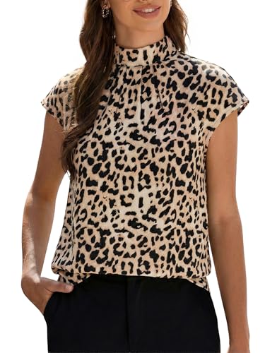 Image of Funlingo Womens Summer Tops Mock Neck Short Cap Sleeve Blouses Business Casual Work Chiffon Shirts Front Pleated Tunic Top