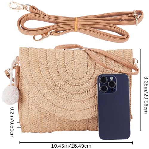 Image of GORGECFAFT Straw Shoulder Bag Straw Bag Clutch Crossbody Woven Wicker Clutch Bag with Two Balls Woven Purse Summer Beach Envelope Clutch Straws Wallet Rattan Bag for Women Travel Holiday