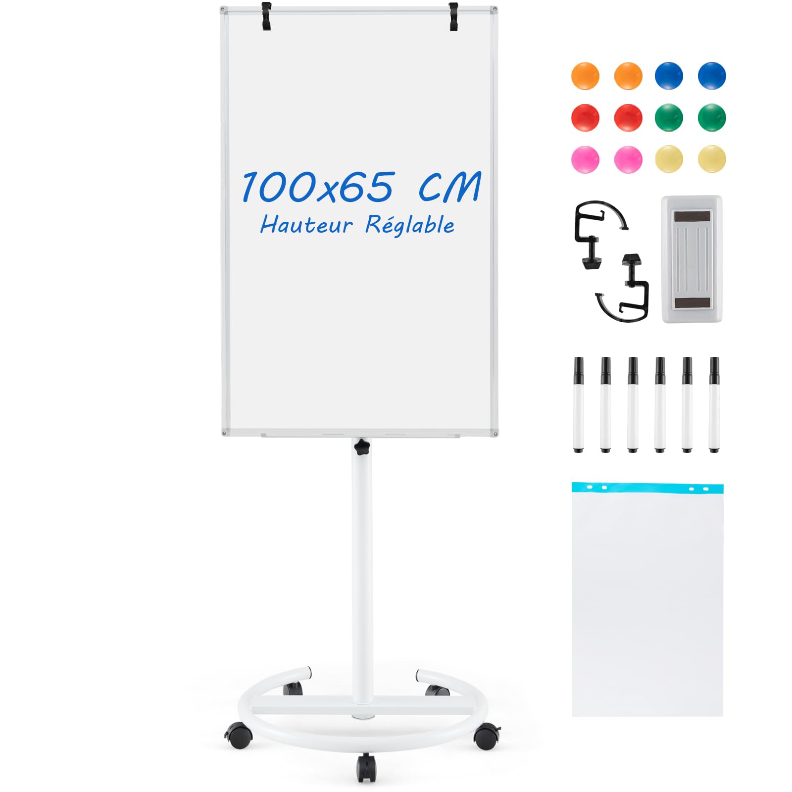 GOPLUS Pizarra blanca móvil magnética con altura ajustable, pizarra blanca giratoria de 360° con 4 ruedas, borrador, imanes, pizarra borradora, para escuela, oficina (blanca|base redonda, 65 x 100 cm)