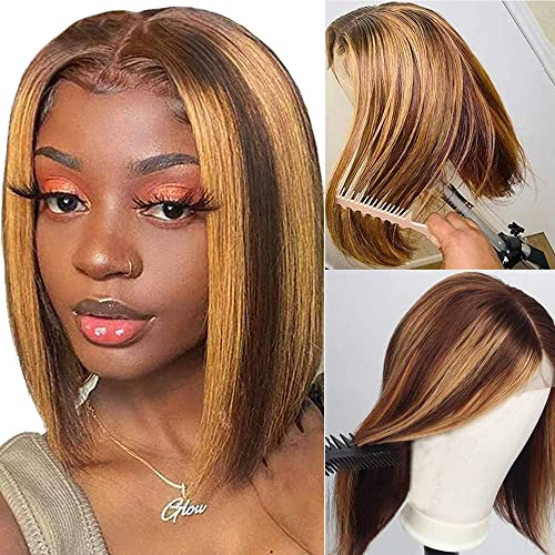 FTQZKEY Highlight Bob Wigs Human Hair 13X4 HD Lace Front Bob Wig 4/27 Ombre Brown Colored Human Hair Wigs for Women 150 Density Closure Wigs Human Hair Pre Plucked with Baby Hair