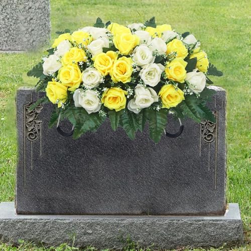 Tombstone Flower Saddle | UV-Resistant Artificial Rose Outdoor Grave Decor | Gravestone Saddle Arrangements,for Mother's Day Father's Day Remembrance Outdoor Display image 3