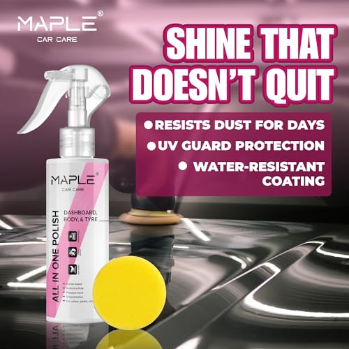 Image of Maple Car Care All-in-One Car Polish 200 ml | Dashboard, Body & Tyre Shine Cleaner | Multi-Surface Polish for Plastic, Vinyl, Leather, Paint, Chrome & Rubber | Car Polish for Shine & Protection