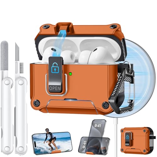 Image of Dual Safety Lock for AirPods Pro 3 Case 2025, Compatible with MagSafe | Designed with Automatic Switch and Phone Stand, Includes a Cleaner & Keychain - Rugged Tough Hard Shell
